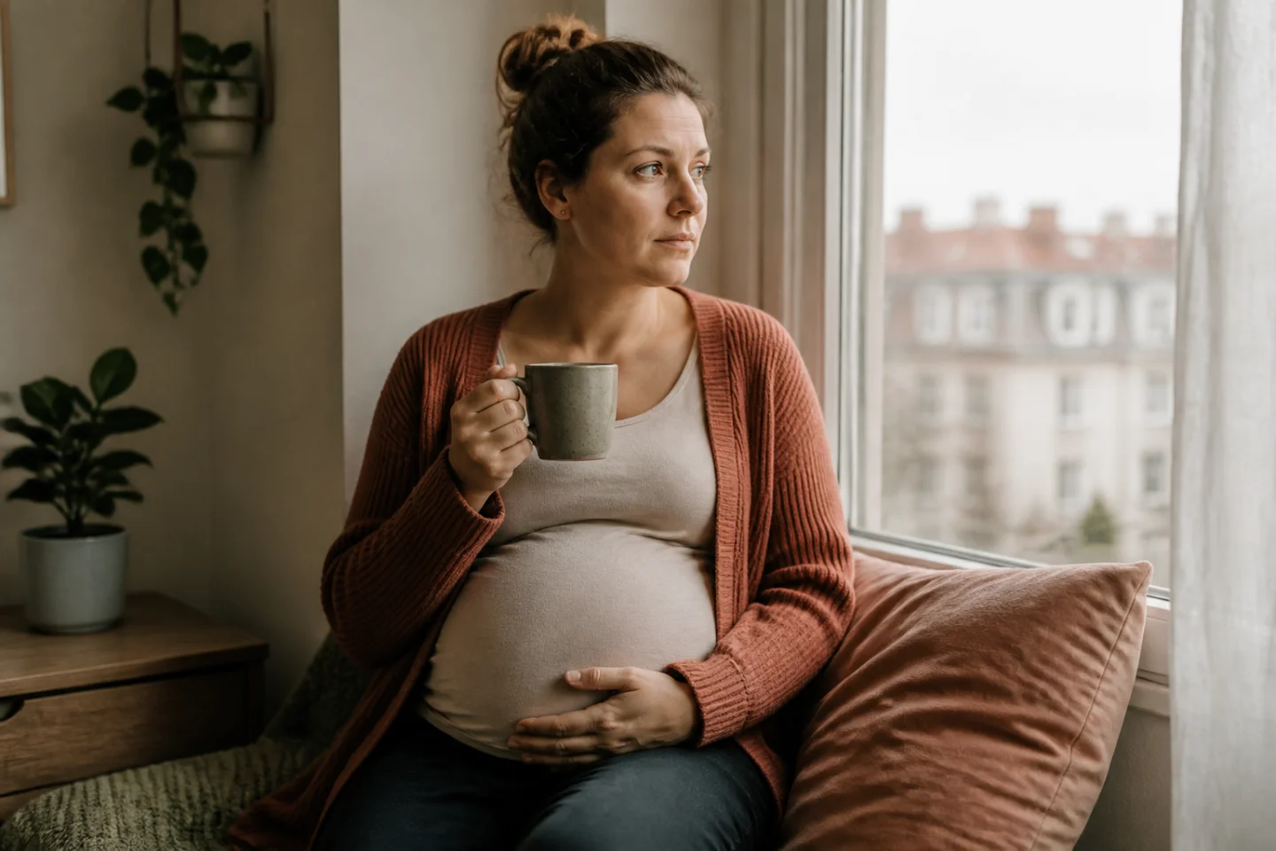 Schwangere Frau sitzt nachdenklich mit einer Tasse am Fenster und hält eine Hand auf ihrem Bauch