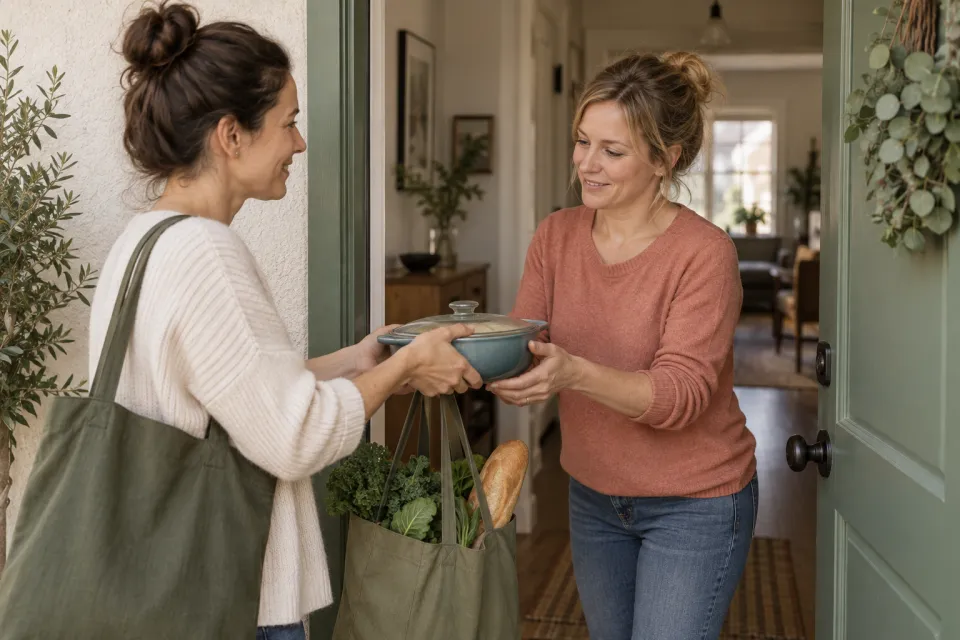 A friend brings a mother a prepared meal.