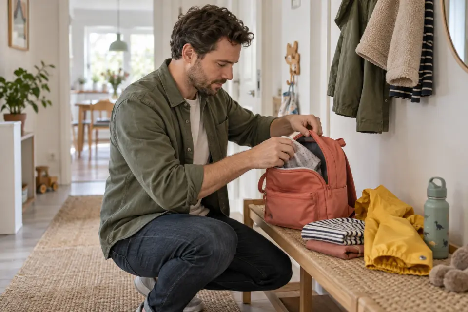 A father checks spare clothes and packs the nursery bag.
