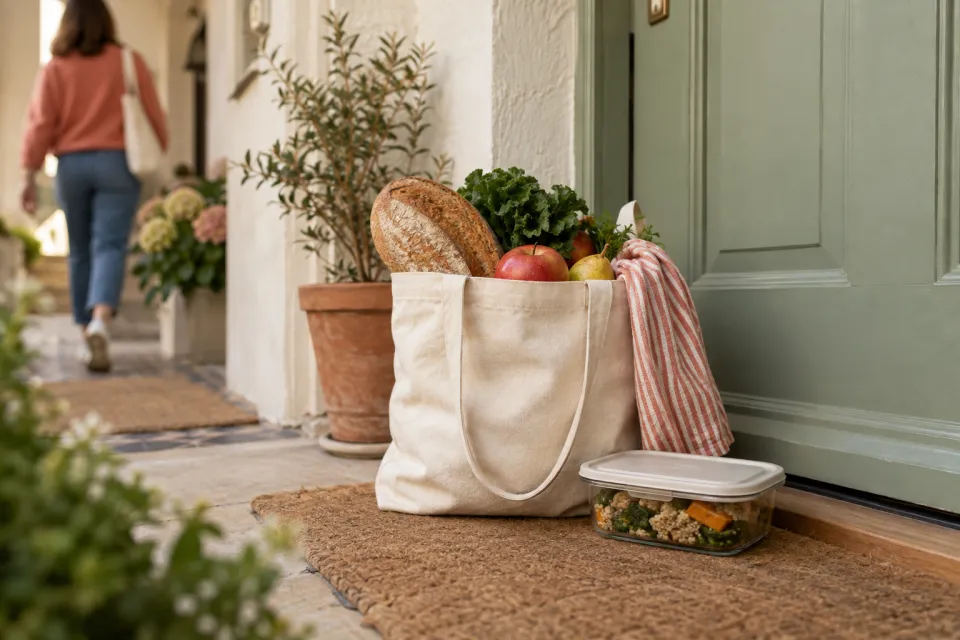 A fabric bag with bread and fruit and a prepared meal stand in front of a flat door; a visitor is walking away in the background.