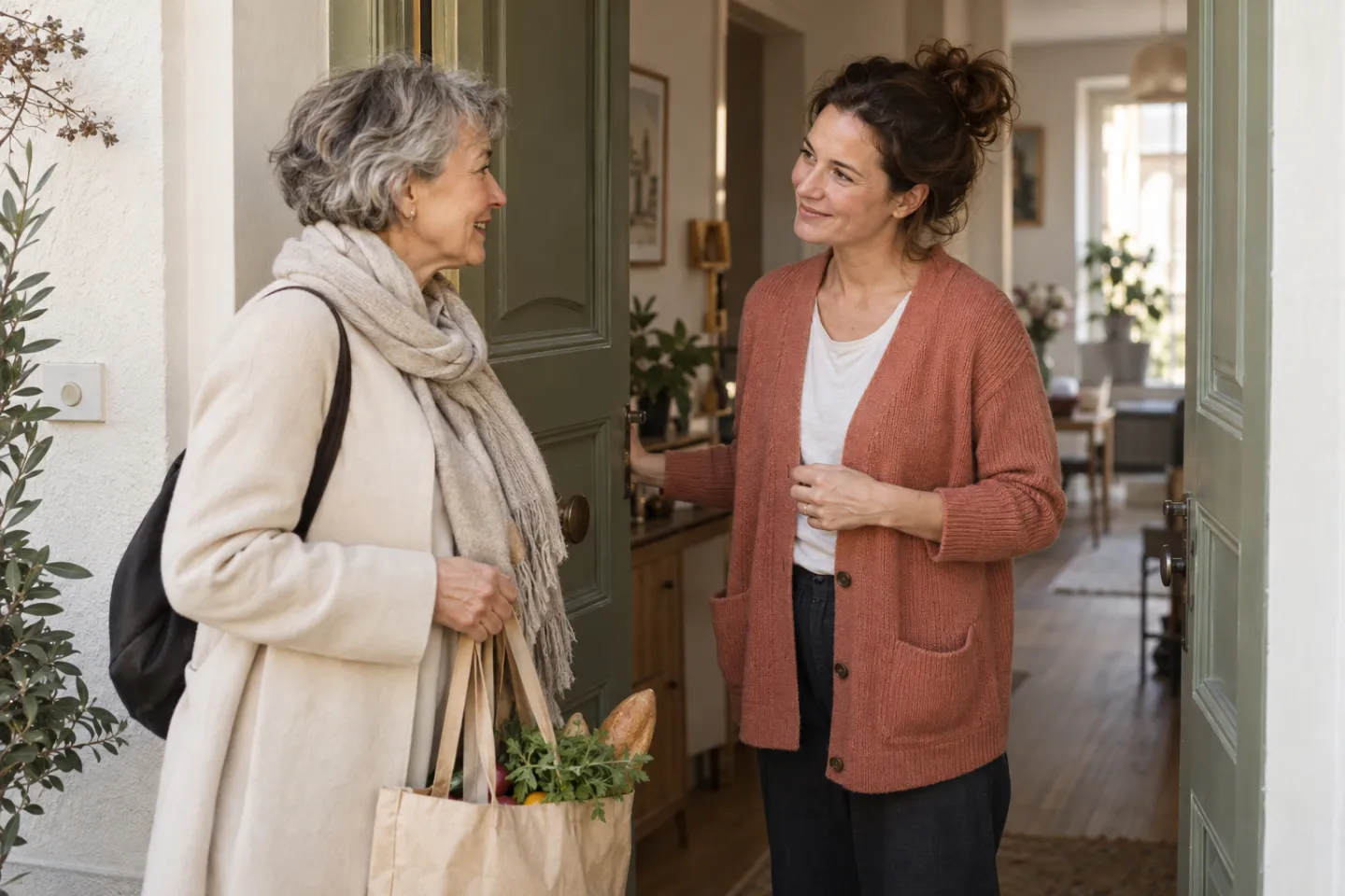 Eine Mutter im korallfarbenen Cardigan spricht an der offenen Wohnungstür mit einer älteren Besucherin, die eine Einkaufstasche hält.