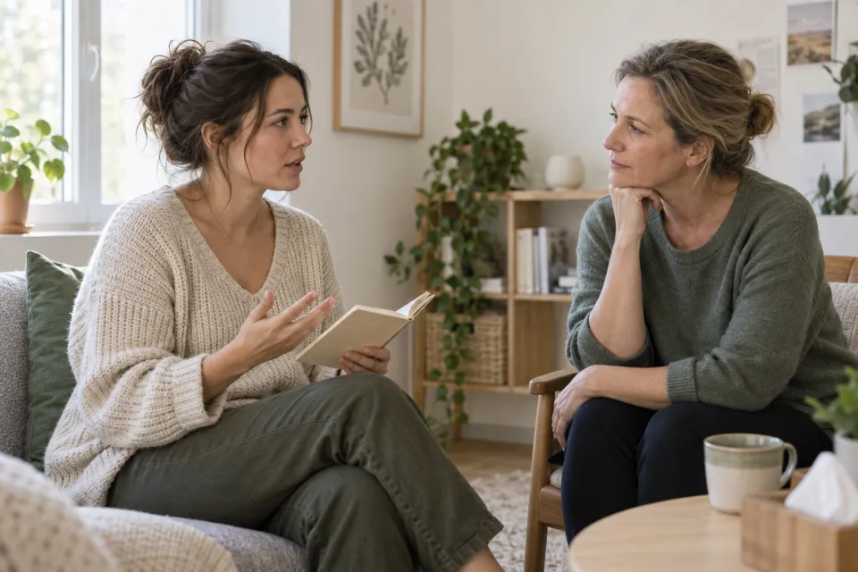 A mother uses her notebook during a conversation with a midwife.
