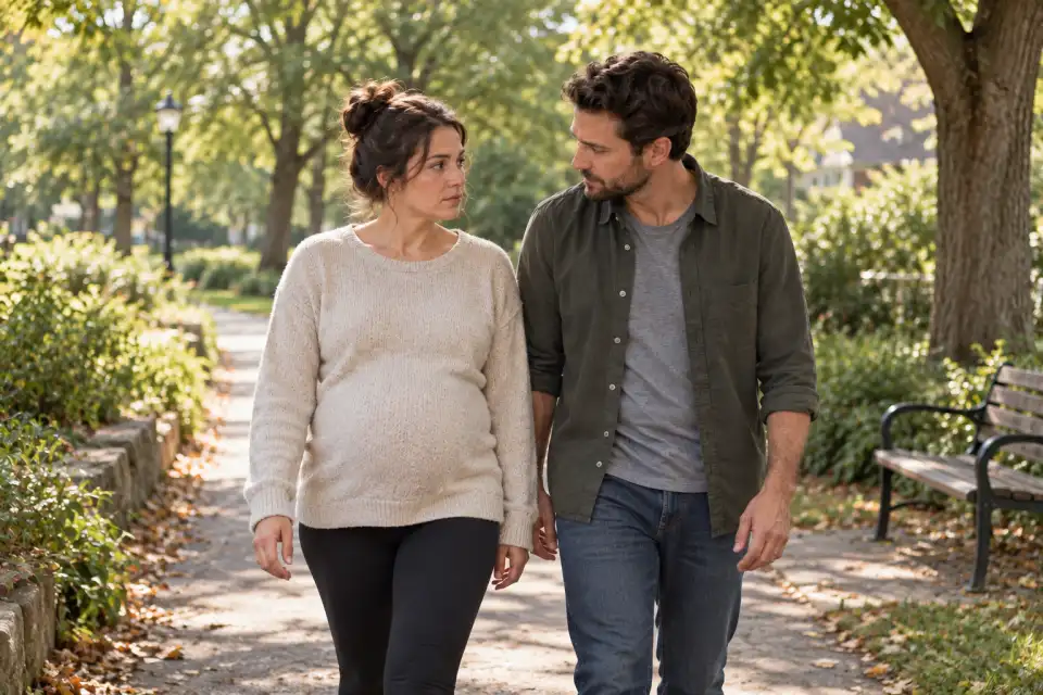 Pregnant woman and her partner walking together along a quiet path between green trees.