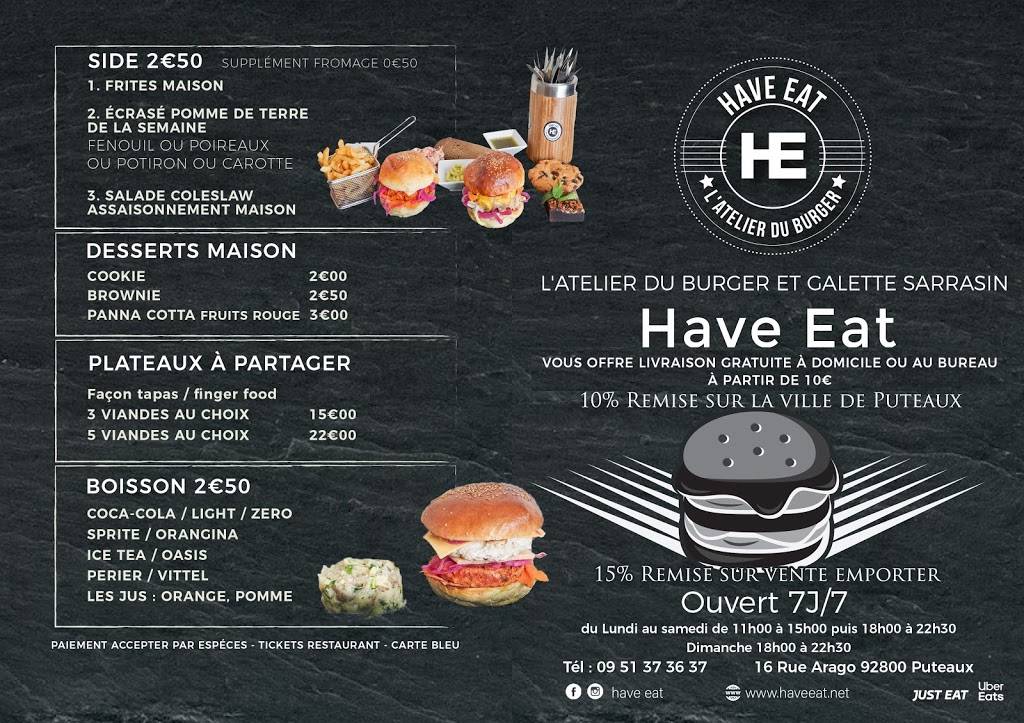 HAVE EAT Burger Puteaux - Junk food Menu Fast food Food group Advertising