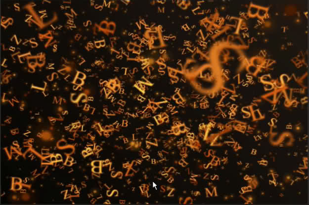 A picture of many various letters thrown about and scrambled over a black void. 