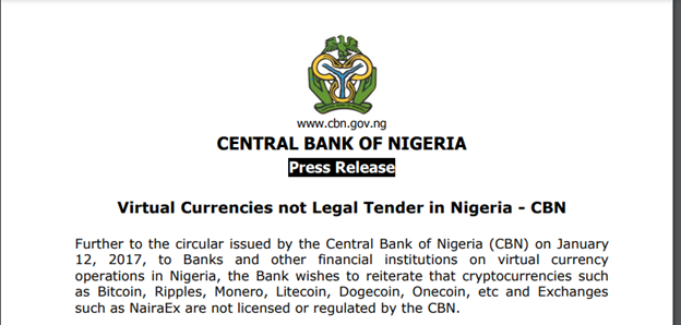 Virtual currencies not legal in Nigeria