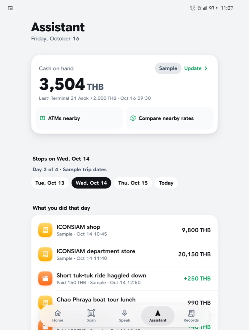 Assistant: cash on hand, trip day chips and what you did that day (demo)