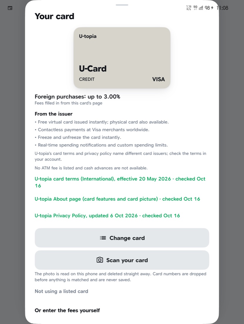Your card sheet with foreign fees from the issuer (demo)