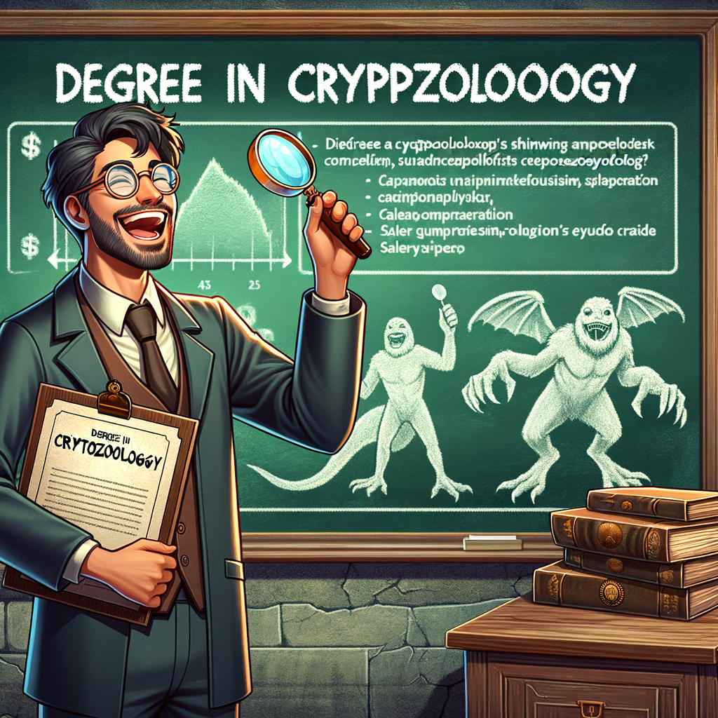 Excited cryptozoologist with cryptozoology degree and certification, showcasing job description, salary chart, and steps on how to become a cryptozoologist on a chalkboard.