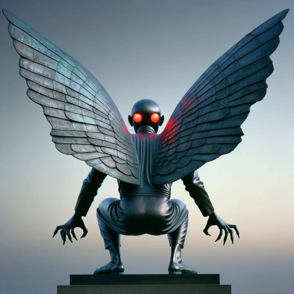 Mothman statue striking a pose from the back, showcasing metallic wings and red eyes, ready to fly into the world of cryptids and paranormal.