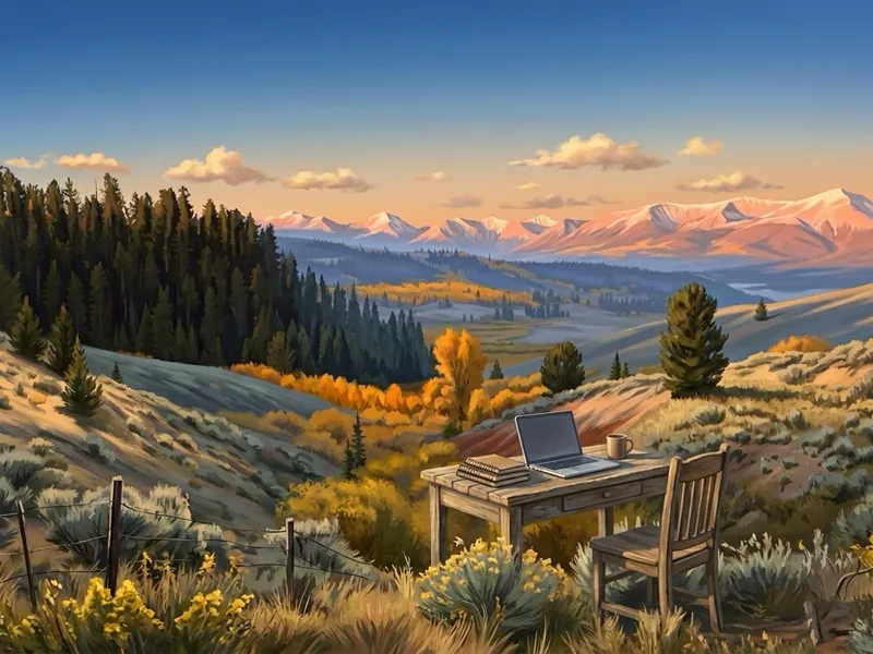 A painted writing desk with an open laptop and a coffee mug, out on a sage hillside above a mountain valley at golden hour.