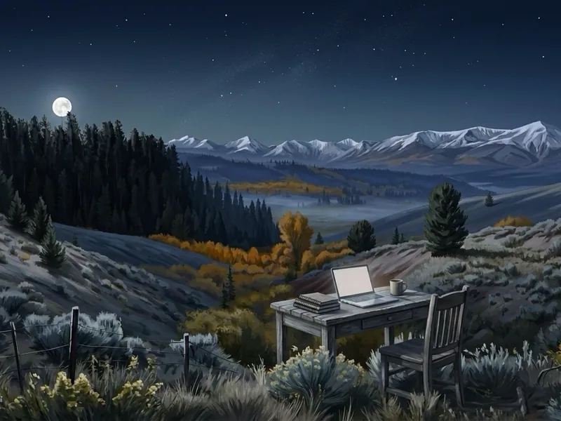 A painted writing desk with an open laptop on a sage hillside above a mountain valley by moonlight, the laptop screen glowing softly.