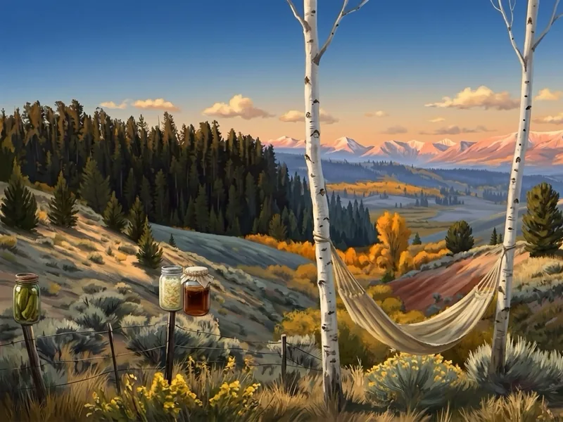 A painted canvas hammock strung between two aspens on the hillside, with jars of pickles and ferments on the fence posts, at golden hour.