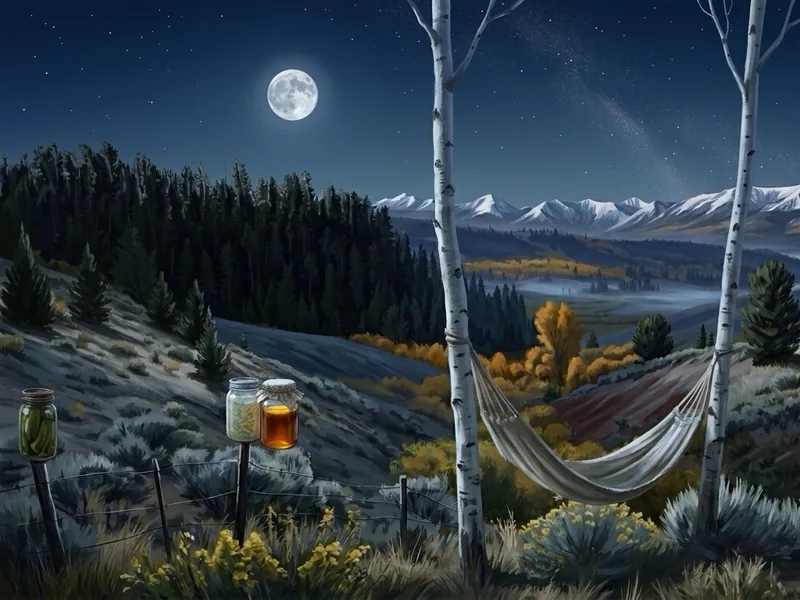 A painted canvas hammock strung between two aspens on the hillside, with jars of pickles and ferments on the fence posts, by moonlight.