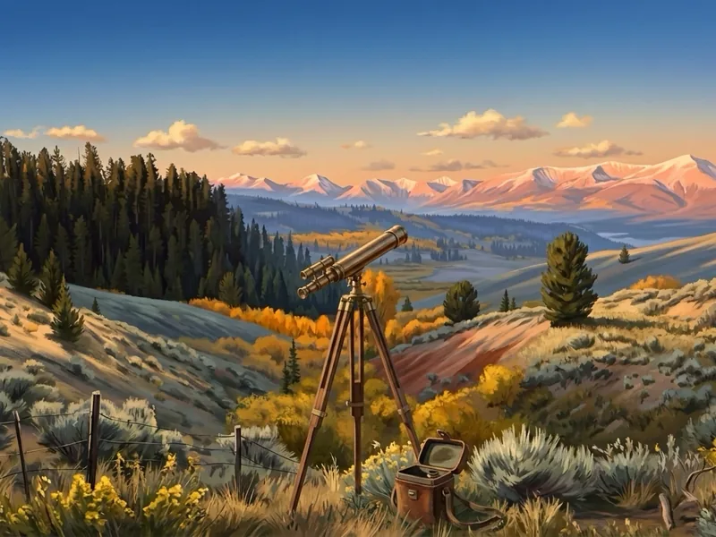 A painted brass telescope on a wooden tripod, aimed at snow-capped peaks across the valley at golden hour.
