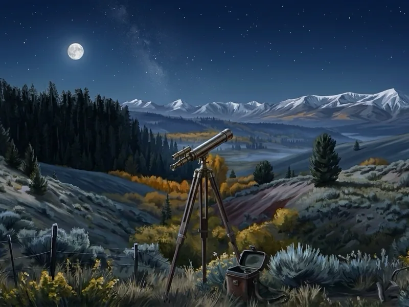 A painted brass telescope on a wooden tripod, aimed at snow-capped peaks across the valley by moonlight, under a sky full of stars.