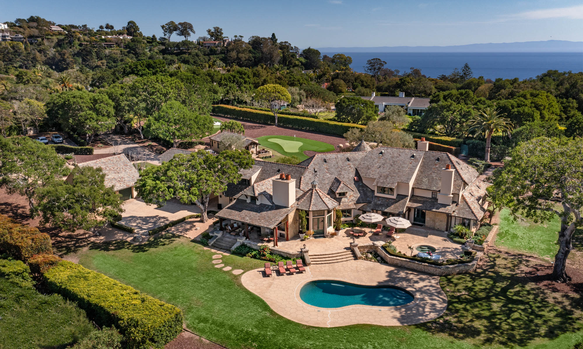 A birds eye view of a captivating French country-style Hope Ranch estate that is currently on the market..