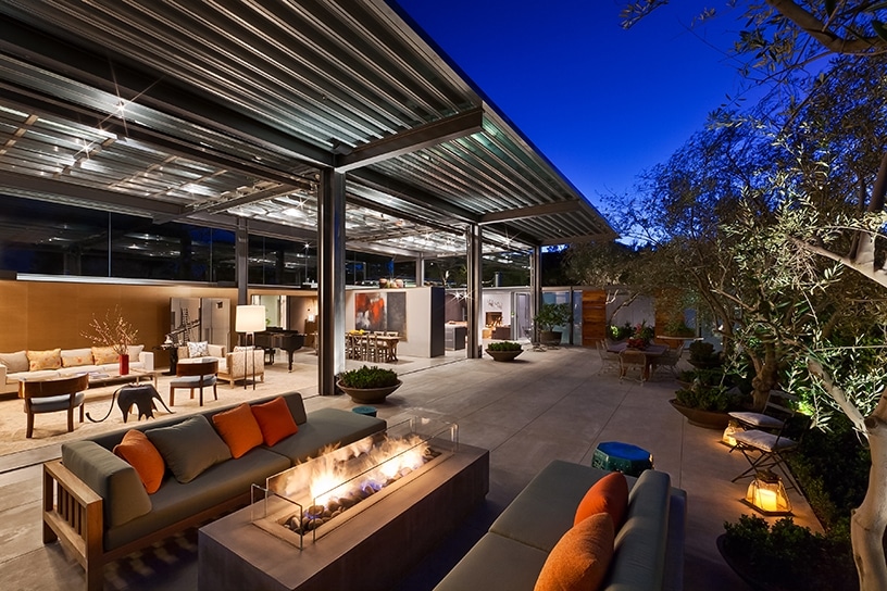 Terrace of a Barton Myers-designed home in Montecito at dusk