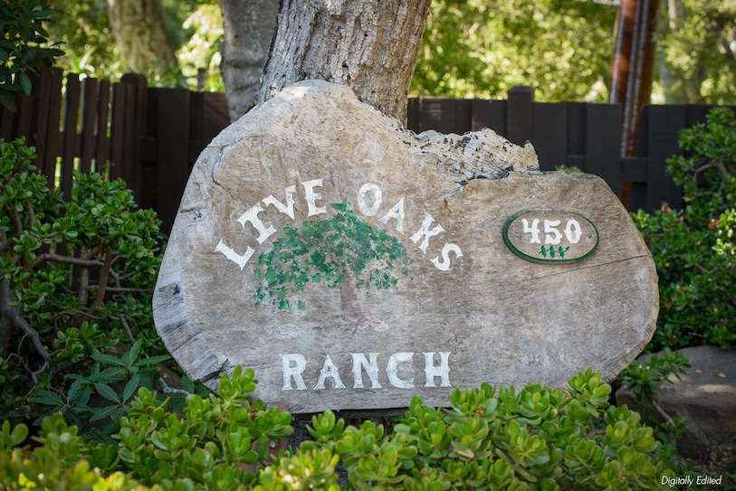 A huge rock with the words Live Oaks Ranch to welcome people to the Carpinteria property that is currently on the market