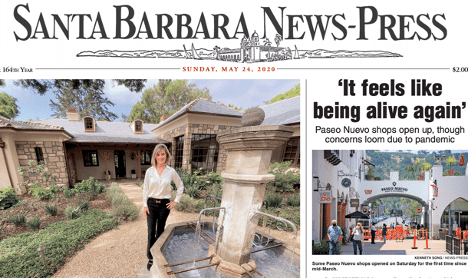 Front page of the Santa Barbara News Press with a picture of realtor Cristal Clarke for a story on the local real estate market