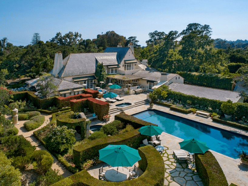 View of Montecito Estate with manicured grounds and large pool.