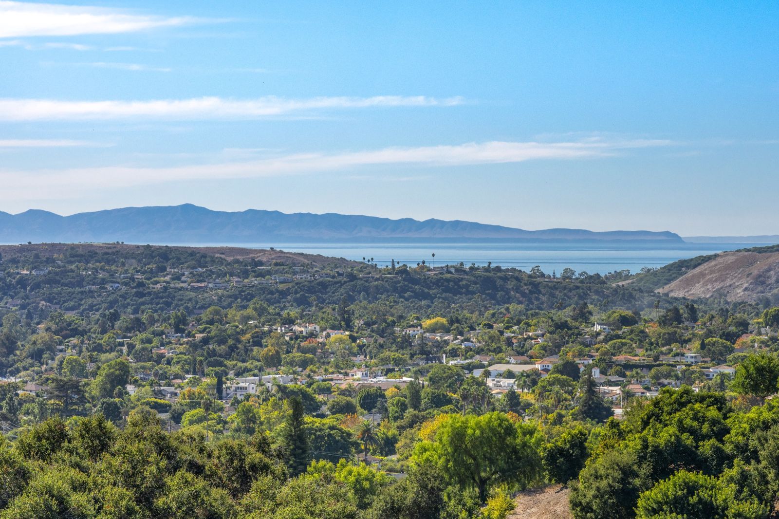 A view of the Santa Barbara plain, with lush greenery in the foreground and the ocean and islands in the background.