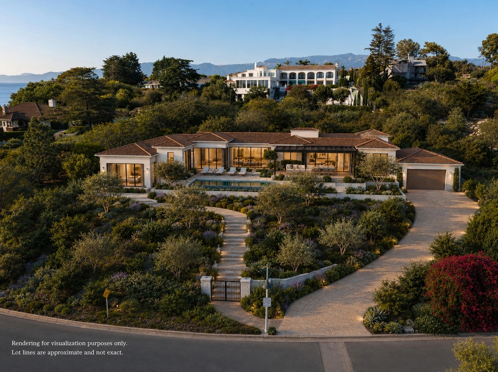 Rendering of a luxury Santa Barbara home surrounded by lush landscaping, with ocean and mountain views in the distance.