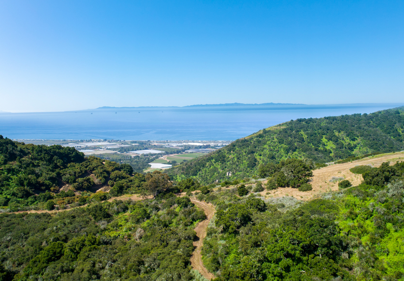 A Santa Ynez Mountains foothills view of the Santa Barbara Plain and Pacific Ocean.