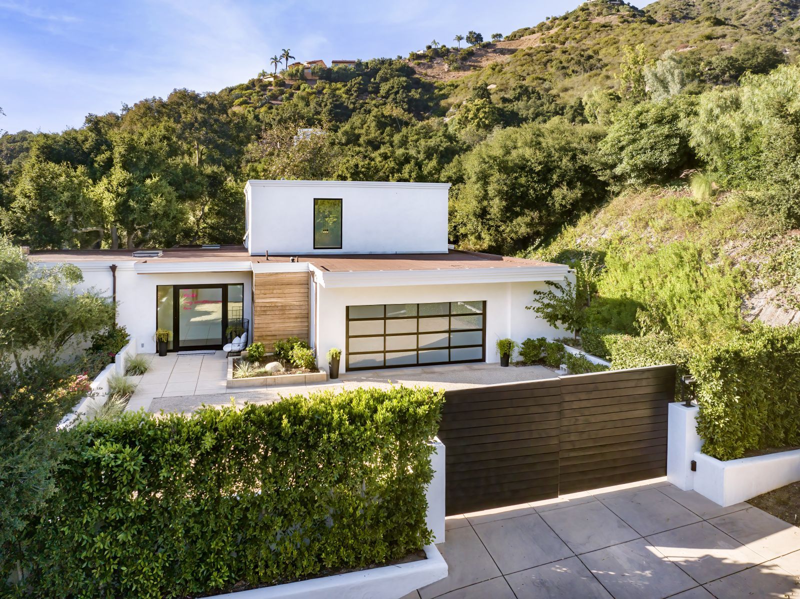 A modern flat-roofed home behind a gate with a tree-covered hill in the background.