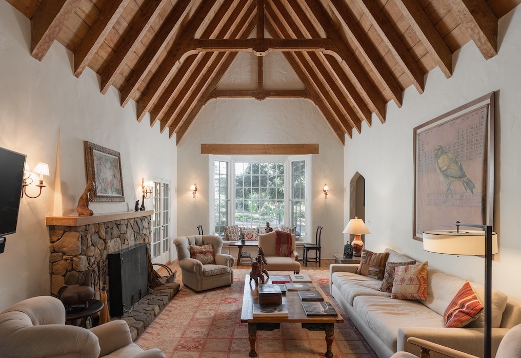 The living room of an Ojai estate that's for sale with soaring cathedral ceilings.