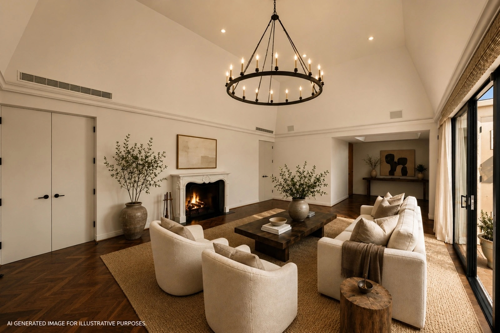 Elegant living room with vaulted ceiling, circular chandelier, fireplace, dark wood floors, neutral furnishings, and glass doors opening to a terrace.
