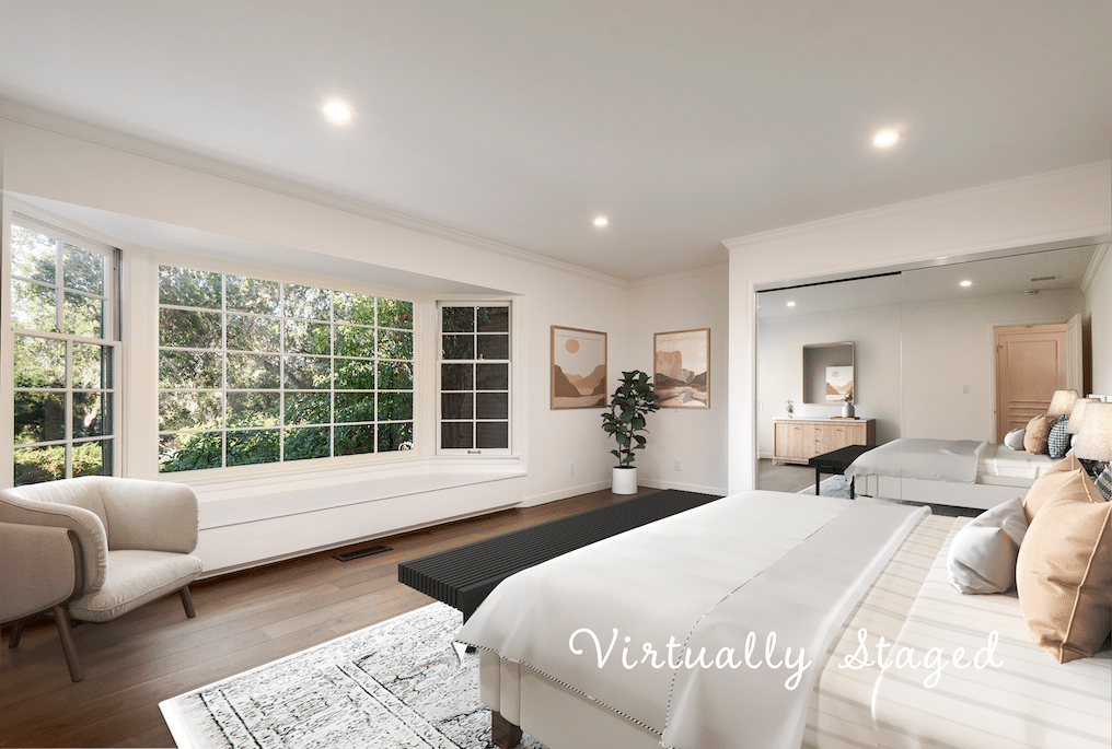 Virtually staged image of the bedroom inside a Hope Ranch home decorated using key elements from the Lagom design trend.