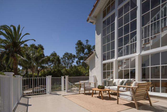 Aerial view of 939 Arcady in Montecito, surrounded by mature trees and expansive grounds.