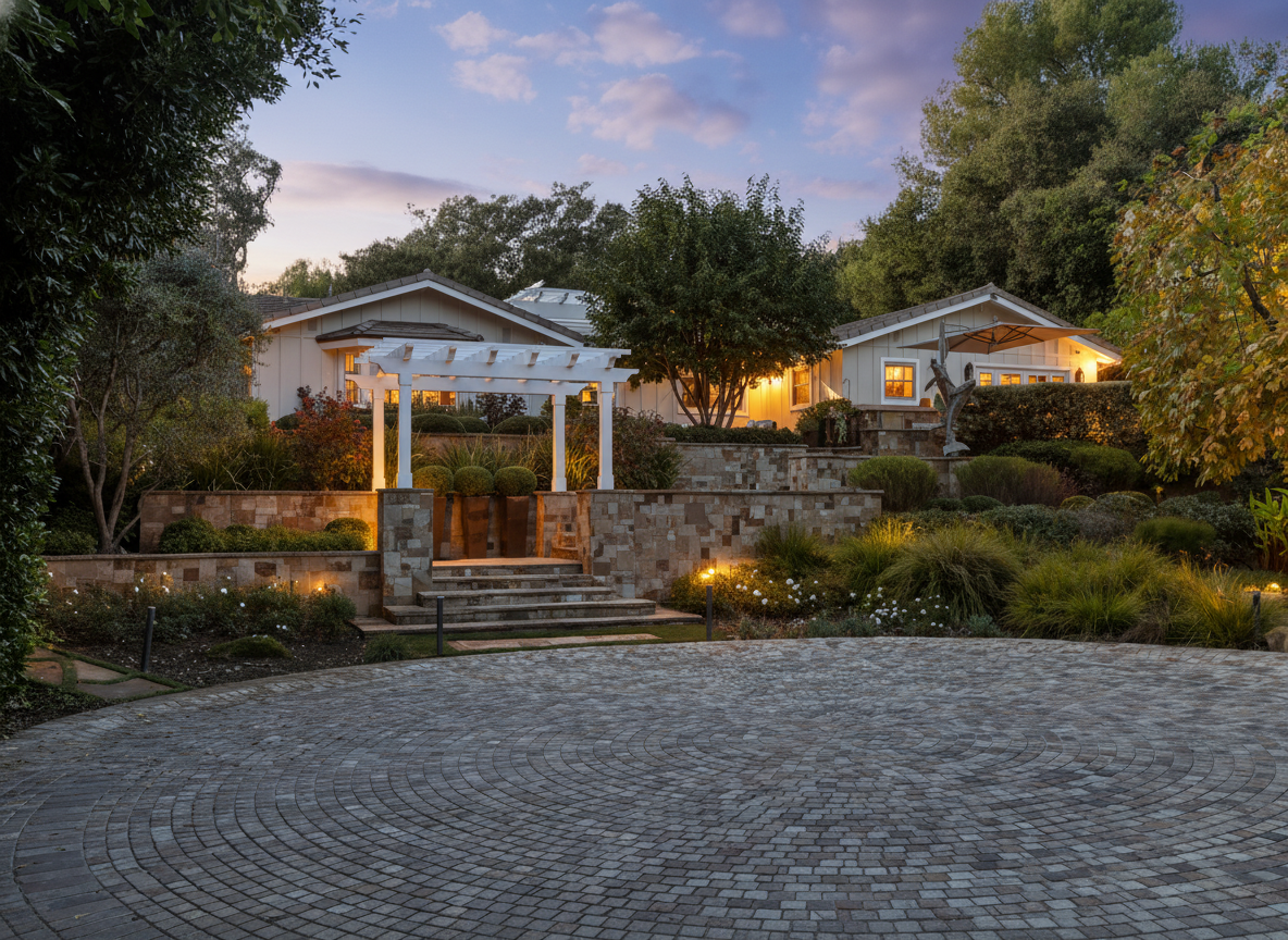 Montecito home at twilight with lush landscaping, stone terraces, a white pergola, and a circular paved driveway.