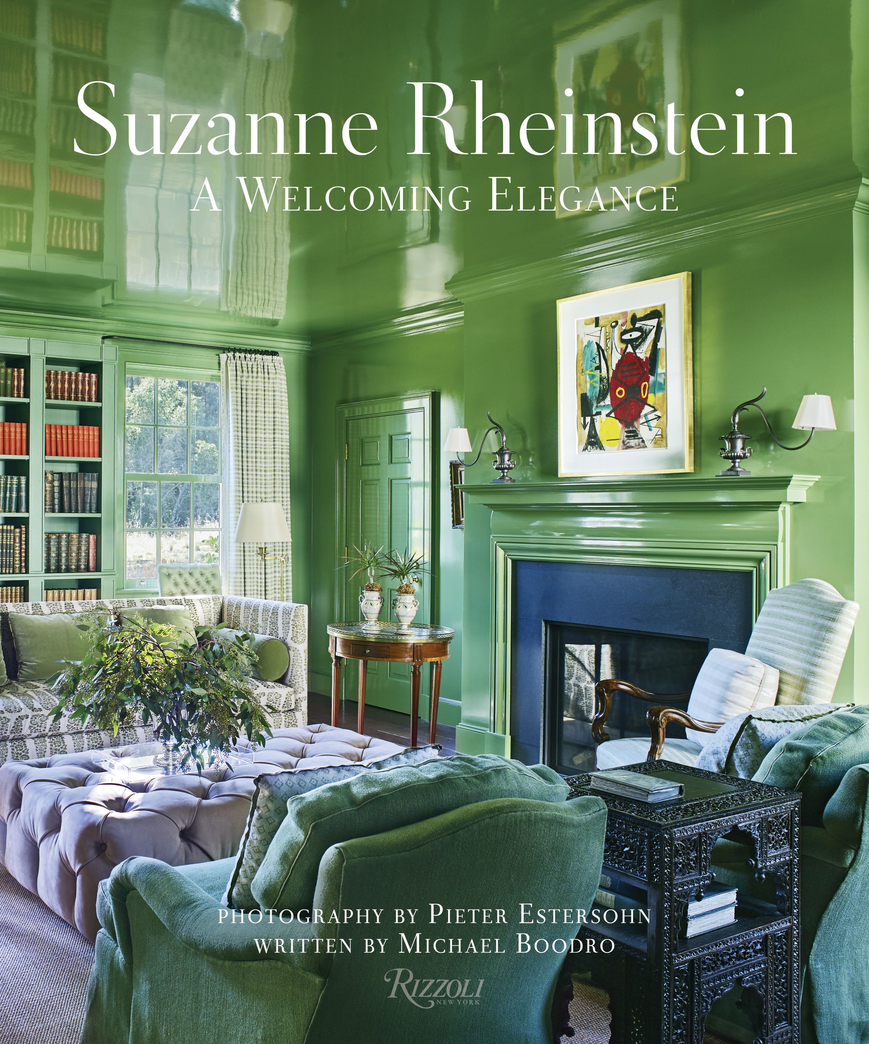Front covert of a book by designer Suzanne Rheinstein, with a photo of a elegantly furnished green sitting room
