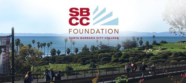 Santa Barbara City College logo over a photo of the green campus and the ocean in the background