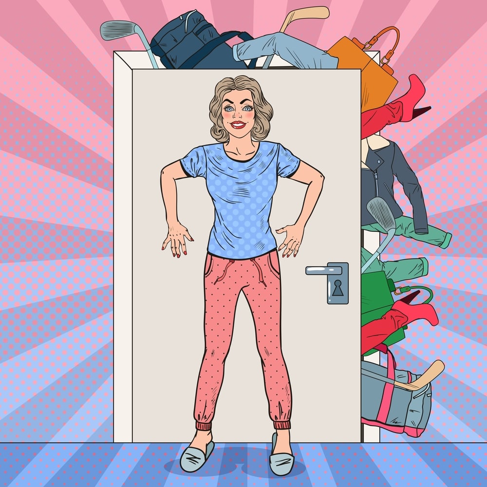 Beautiful Woman Holding the Door with Bunch of Clothes. Pop Art vector illustration to show Tidy Up with Marie Kondo
