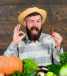 Farmer presenting hot chilli pepper wooden background. Pepper harvest concept. Rustic farmer in straw hat likes spicy taste. Man hold pepper harvest. Bearded farmer hold chilli red pepper in hand.