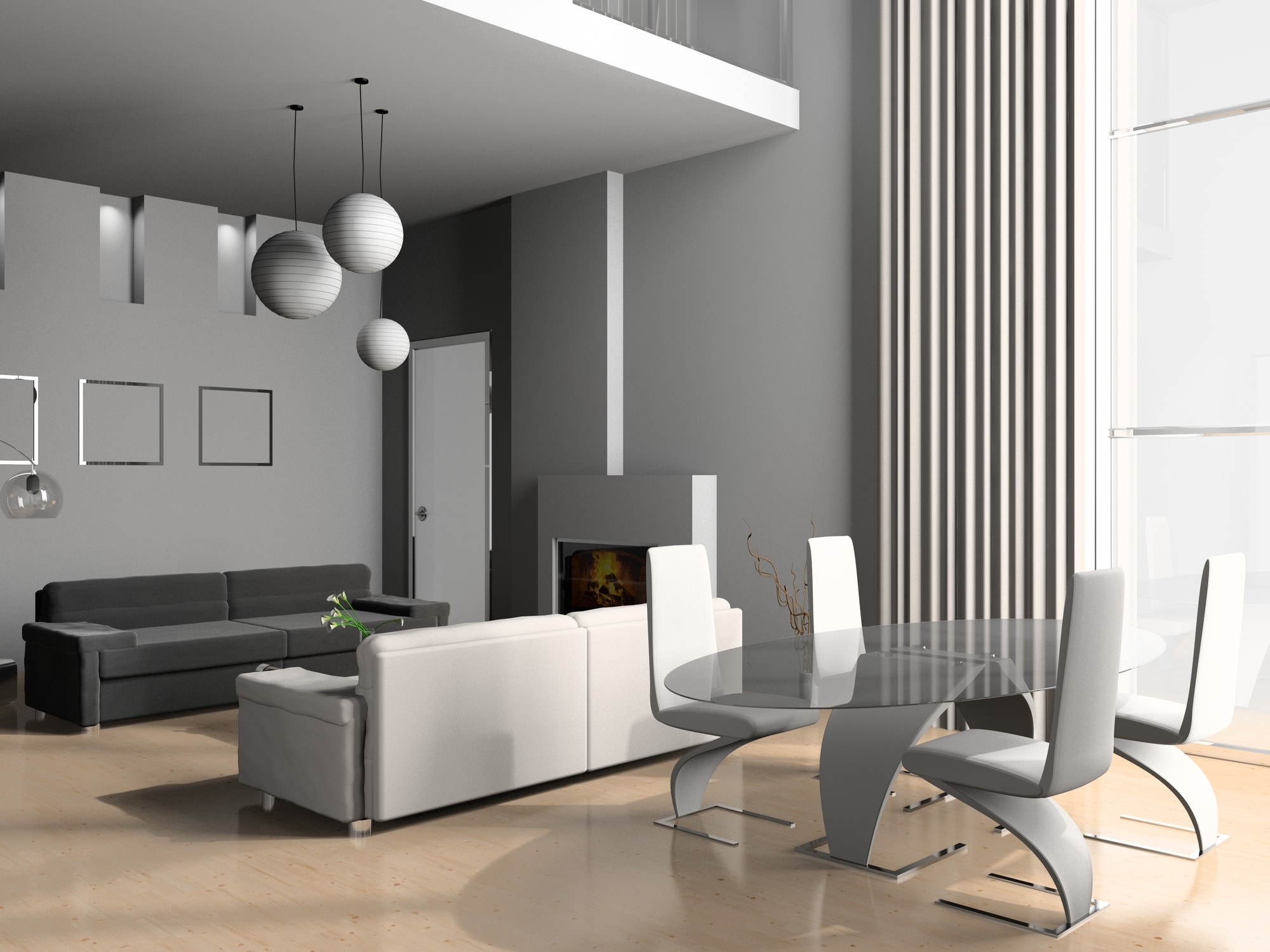 modern living a room with a dining zone 3D