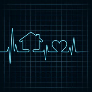 blue EKGwith the outline of a home and a heart to illustrate sick building syndrome