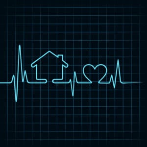 blue EKGwith the outline of a home and a heart to illustrate sick building syndrome