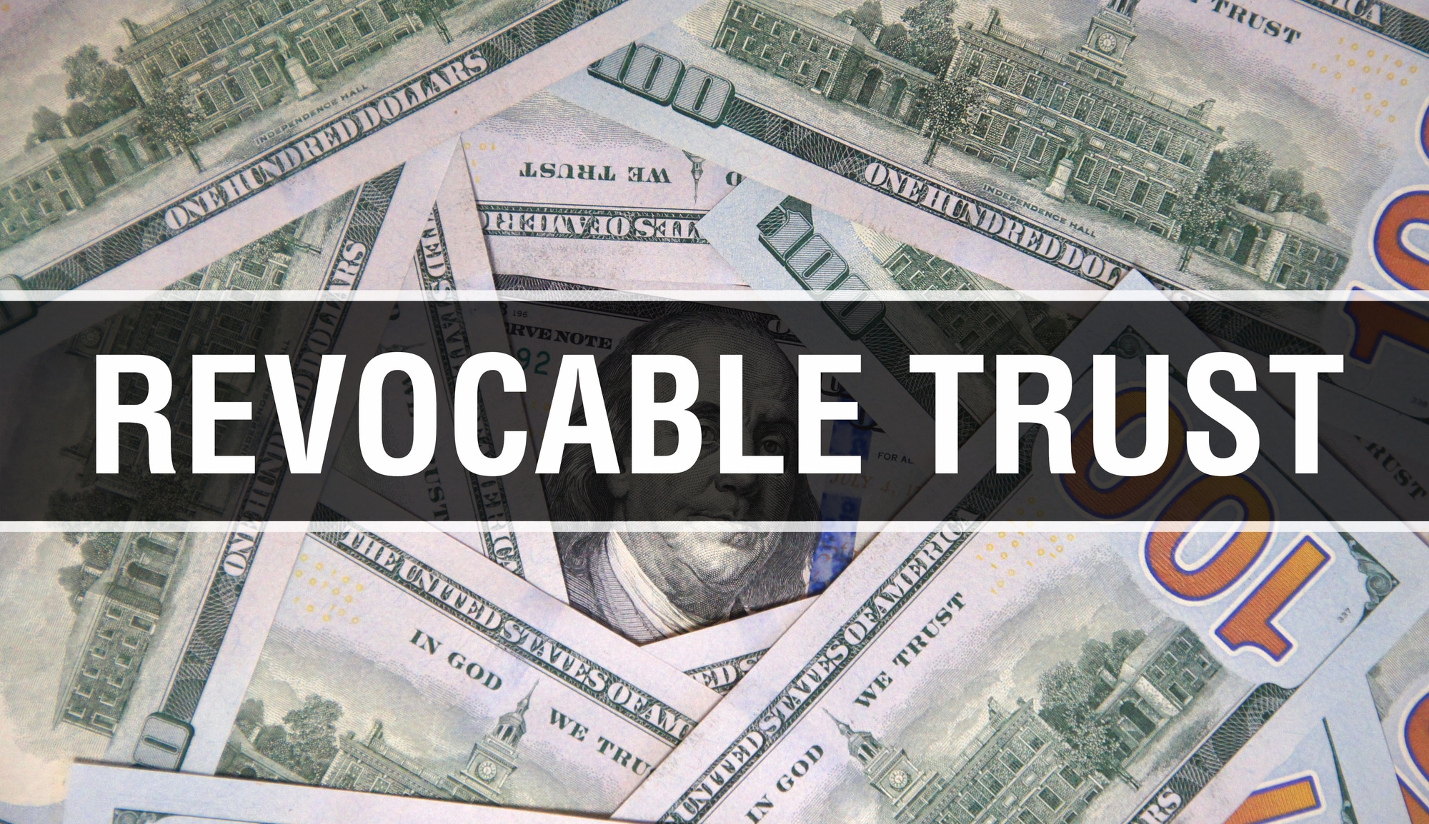 Revocable Trust text Concept Closeup. American Dollars Cash Money,3D rendering. Revocable Trust at Dollar Banknote. Financial USA money banknote Commercial money investment profit concept