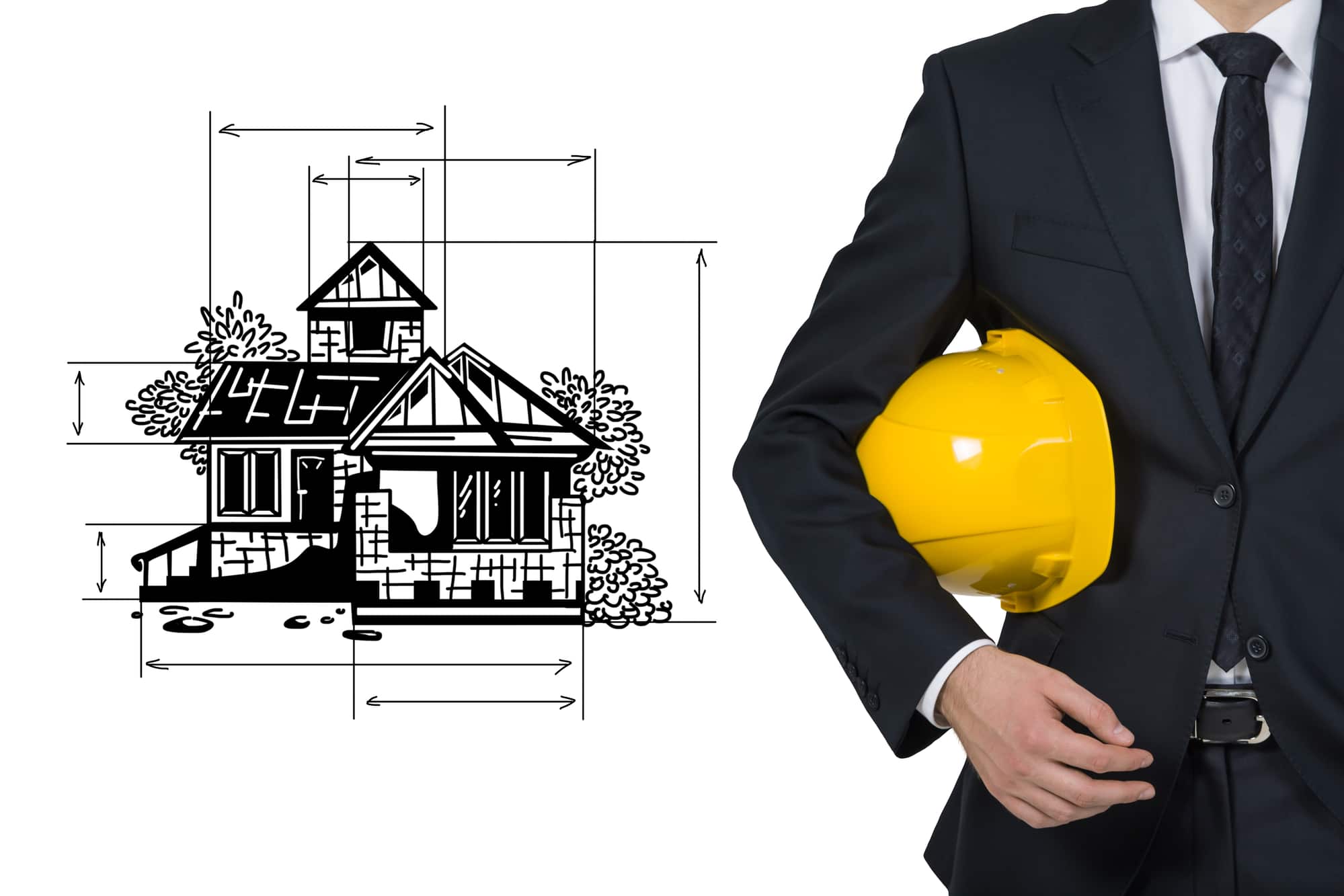 Home inspector holding helmet and drawing house project