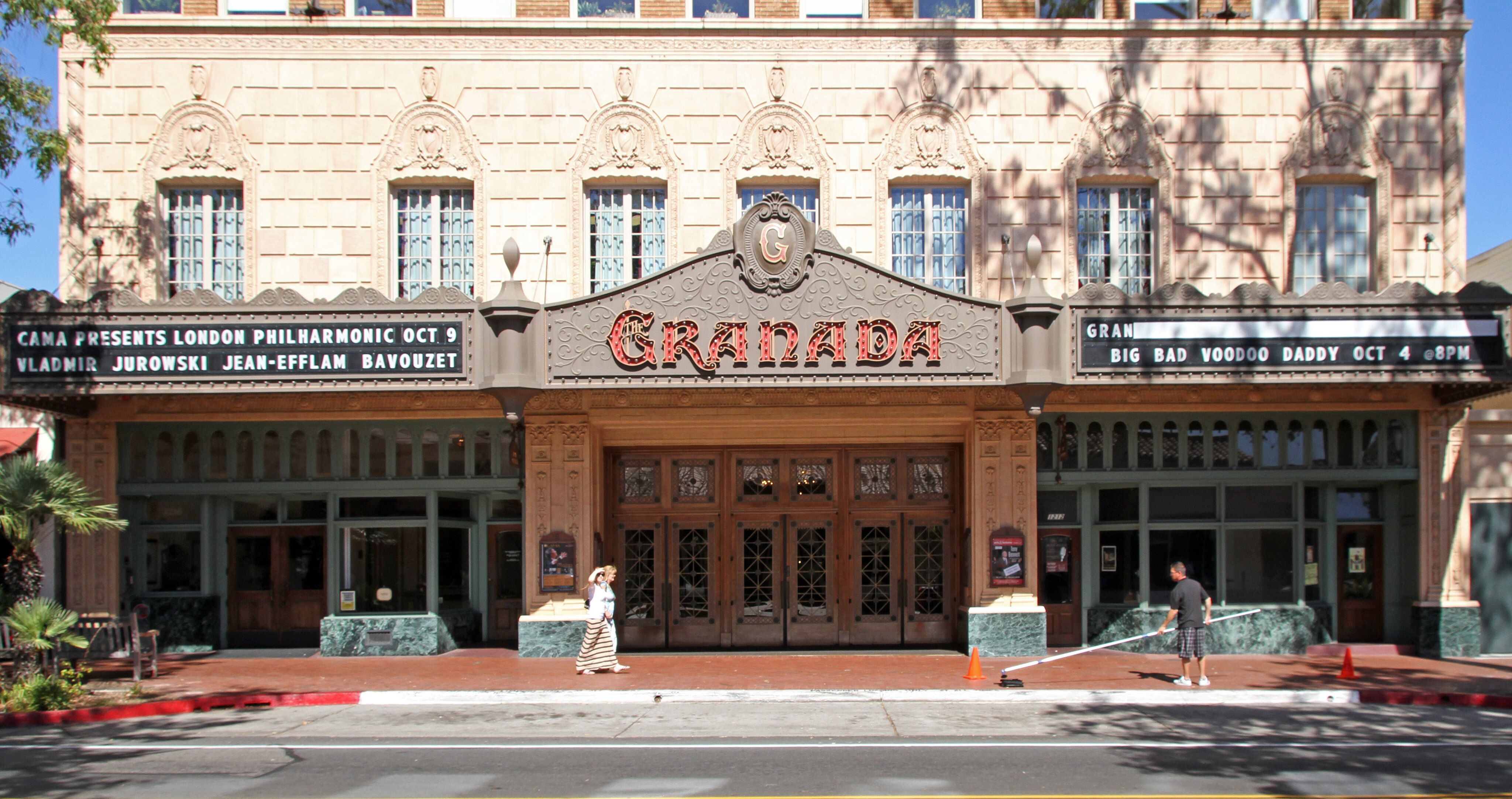 The vintage facade and marquee of the Granada Theater on State Street in downtown Santa Barbara.