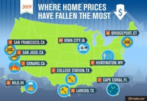 map that shows areas in the US where home prices have fallen the most