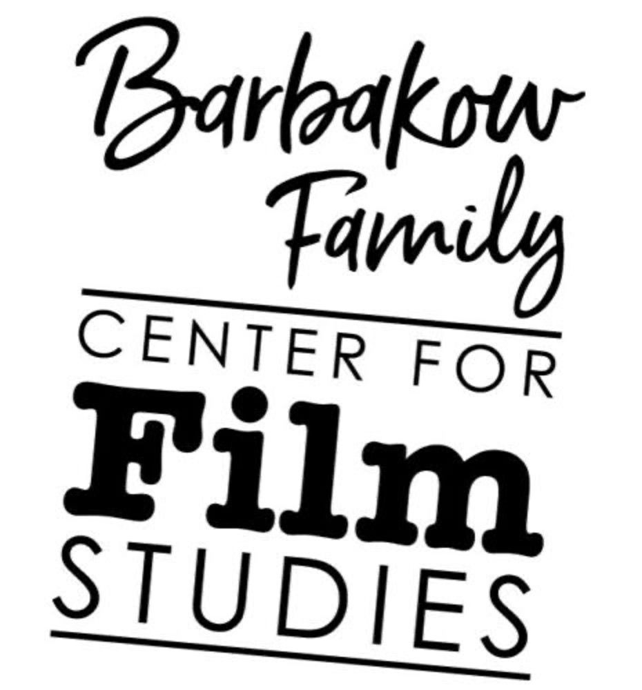 The logo for The Barbakow Family Center for Film Studies in Santa Barbara with black letters, some in cursive, others bold, against a white background