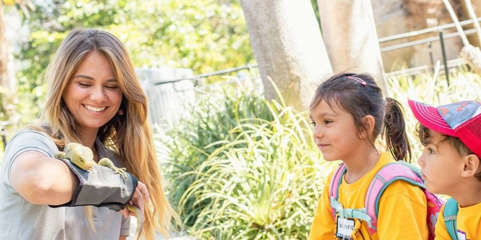 Camp instructor showing a small lizard to two children outdoors, engaging them in a hands-on nature learning experience in a sunny garden setting