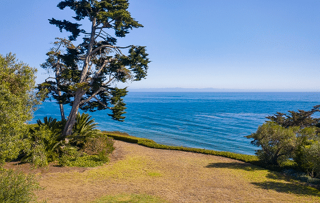 Extraordinary Blufftop Hope Ranch Oceanfront slice of land with the blue ocean framed by a lovely tree.