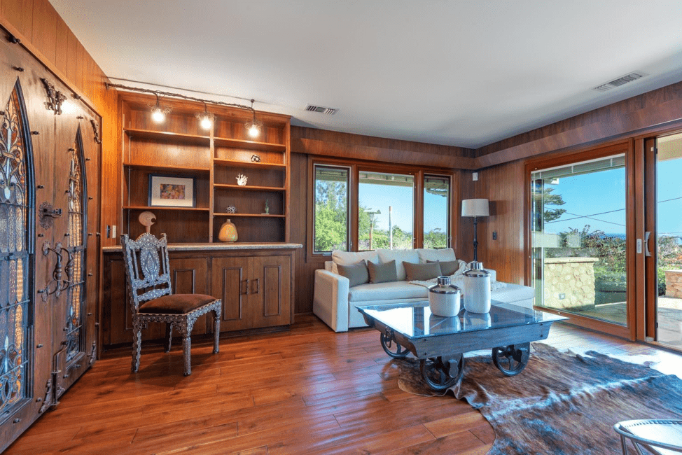 Elegant room with ocean view of a ranch style home for sale in Montecito