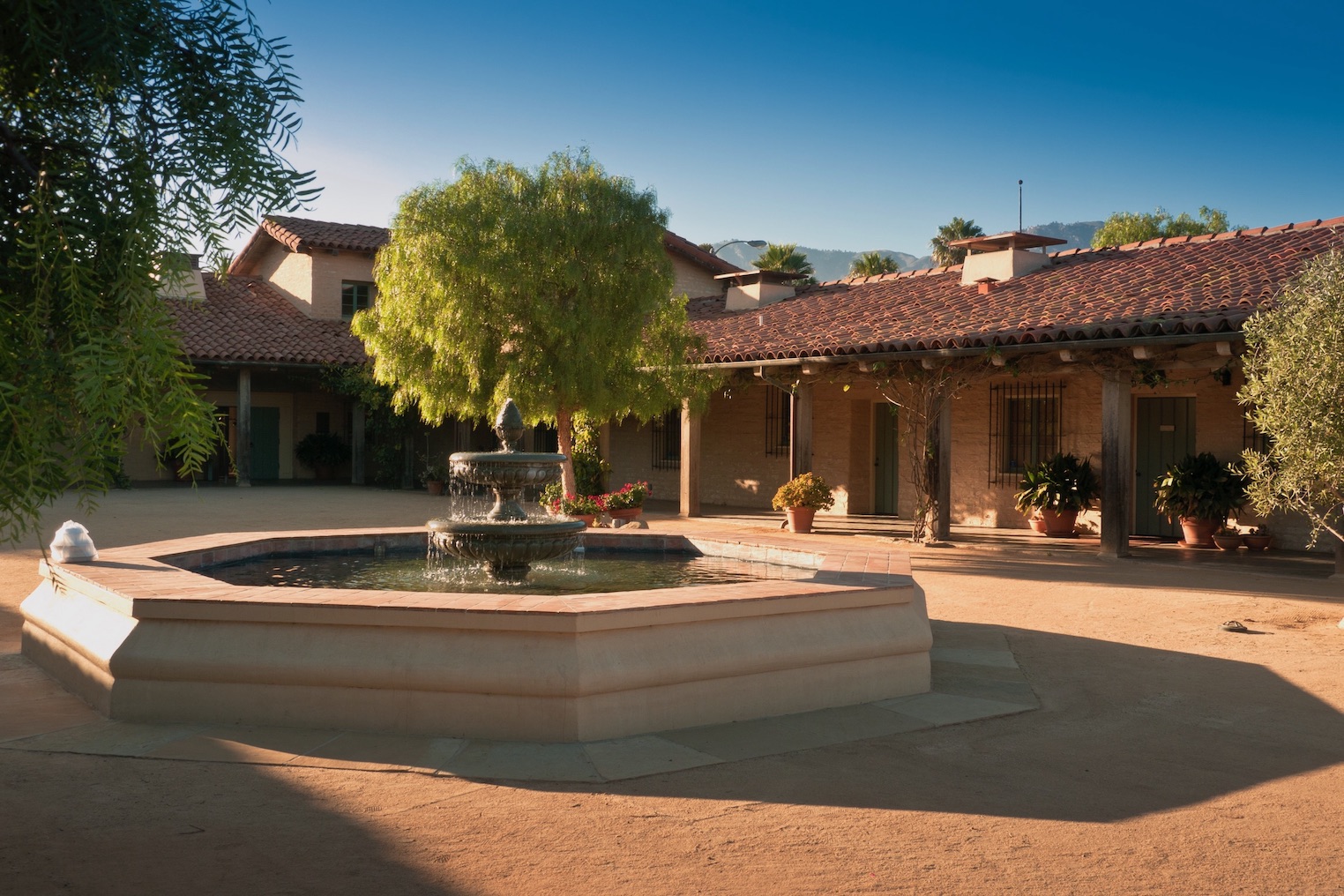 The courtyard of the Santa Barbara Historical Museum with pretty fountain